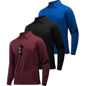 ZITY 3 Pack Long Sleeve Polo Shirts for Men with Pocket Moisture Wicking Outdoor Workwear Office Casual Collared Shirts Fall Black+wine Red+royal Blue X-Large
