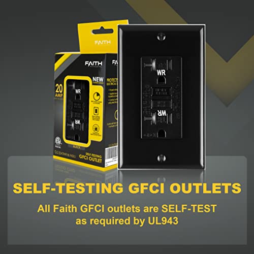 Faith 20A Wr Tr Gfci Outlets, Weather Resistant Tamper-Resistant Gfi Duplex Receptacles With Led Indicator, Self-Test Ground Fault Circuit Interrupter With Wall Plate, Etl Listed, Black #TOP1