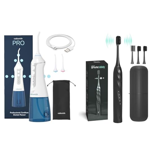 Image of Caresmith Cordless Dental Flosser, 300ml Tank, 3 Modes, IPX7 Waterproof & SPARK Infinity Electric Toothbrush, 5 Modes, 3 Brush Heads, Travel Case, Black, Smart Rechargeable Toothbrush