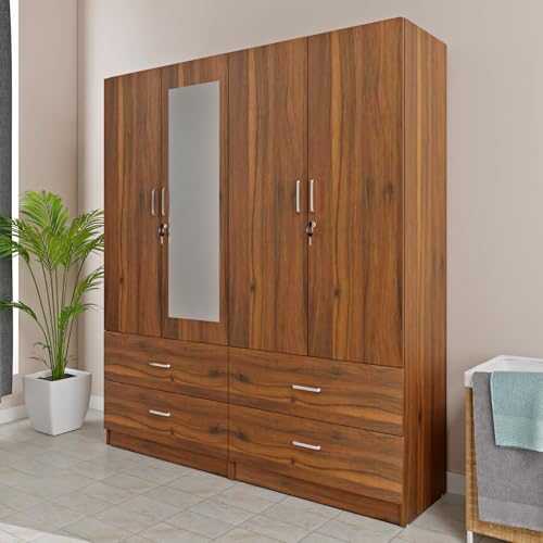 Image of VIKI Wardrobe | Wooden Almirah for 4 Door 4 Drawer with Shelves & Hanging Space Mirror Wardrobe (Brussel Walnut - 40D x 160W x 180.8H) | 1 Year Warranty | Free Assembly