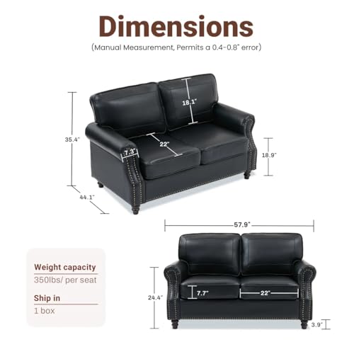 Image of Kingfun Small Leather Loveseat, 57.9 inch Mid Century Modern Leather Couch for Living Room, Bedroom, Office, Love seat Sofas, Mini Sofa with Rolled Arms and Nailhead Trim, Black