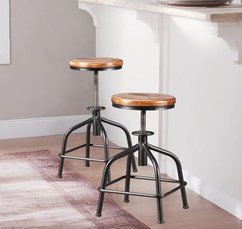 Topower Farmhouse Kitchen Stool, Industrial Counter Stool, Kitchen Deco Round Seat Standard Height Adjustable Swivel Bar Stools Indoor House Design Wood Seat Black Set of 2 - Image 10