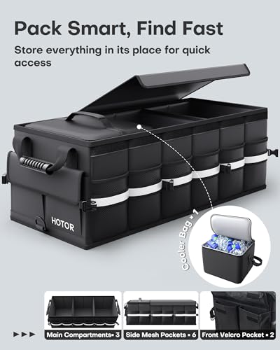 HOTOR Car Trunk Organizer - Trunk Organizer for SUV with Removable Cooler Bag, Foldable Cover, 3 Compartment Car Storage Essential Car Accessories for Truck, Van & Sedan, Black, 33.1\" x 12.6\" x 11.0\"