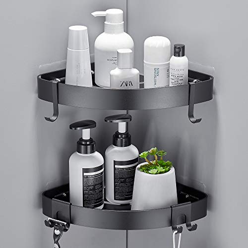 FIISAYL Shower Caddy Corner, Bathroom Shelf Shower Storage Rack Shelf Organiser No Drilling, Black Adhesive Bath Basket Shelves, Rustproof Bathroom Aaccessory, Space Aluminum, Wall Mounted, 2 Pack