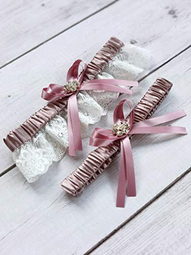 Rhinestones Garter Set For Bride Butterfly Garters Wedding Garter Set Lace S87 (Dusty Pink) #TOP1