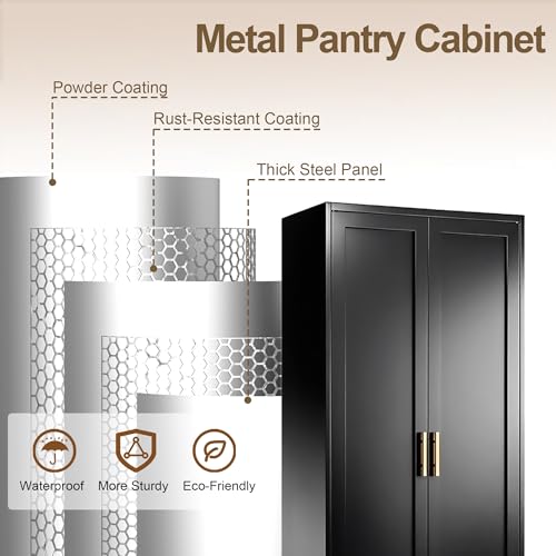 Image of 71 inch Tall Kitchen Pantry Cabinet, Metal Kitchen Pantry Storage Cabinet with Doors and 4 Adjustable Shelves, Black Pantry Cabinet for Living, Dining Room, Bathroom