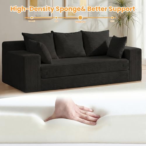 Convertible Sofa Bed, Pull Out 3 Seater Sleeper Sofa, 70" Black Boneless Couch Fold Out Floor Couch with 5 Pillows for Living Room Bedroom Lounge Small Space - Image 6