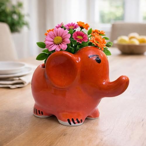 Image of Ceramic Elephant Shape Flower Vase & Succulent Planter (6-inch) | Cute Elephant Pot for Home Decor, Living Room, Office Desk & Gifting | Water-Resistant Vase for Natural Flowers (2, Orange)