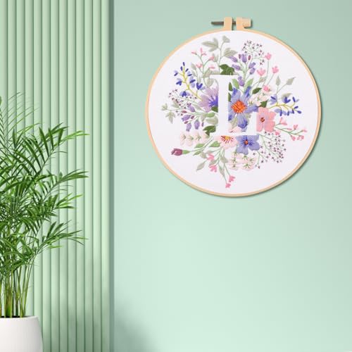 Image of IUHUI Embroidery Kit for Beginners Adults - 26 Floral Letters Easy Patterns, DIY Hand Stitching Embroidery Set with Hoop (Flower and Grass Letter L)