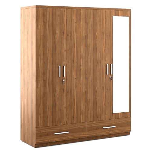 Image of Spacewood Linden Wardrobe | 3 Year Warranty | Almirah, Cupboard, Almari, 4 Door Wardrobe with Mirror, 3 Drawer (1 Lock Drawer) and 2 Hanging Space & 1 Internal Locker |Engineered Wood| Natural Teak