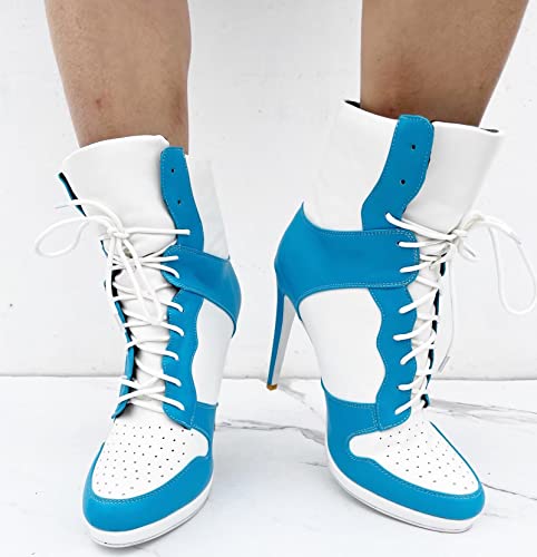 Frankie Hsu Stiletto Sport Basketball High Heeled Ankle Boots, Casual White Baby Blue Sneaker Style Bootie, Large Big Size Fashion Designer Lace Up Short Shoes For Women Men4