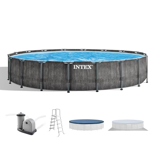 Intex Prism Frame Round Above Ground Outdoor Swimming Pool Set with Filter Pump, Ladder, Ground Cloth, and Pool Cover, Greywood