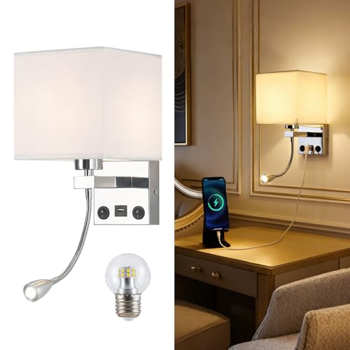 Image of Sconces Wall Lighting Hardwired Modern Wall Lights for Bedroom with USB Port and Reading Lamp, Bedside Wall Lamps for Hotel, Living Room, Office (Silver)