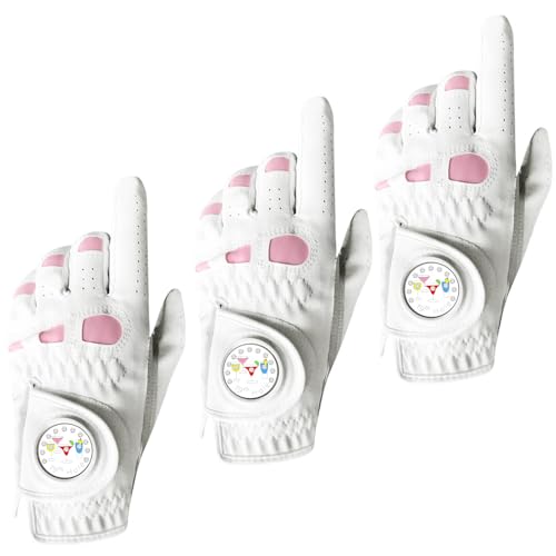 Gant de golf femme main gauche ou droite en cuir avec marqueur lot de 3 S à XL