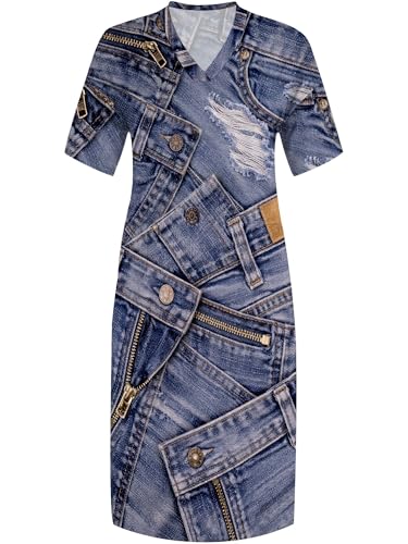 Image of SUZONANA Plus Size Denim Print Maxi Dresses for Women Casual V Neck Short Sleeve with Pockets Soft Jean Look Dress XL-6XL