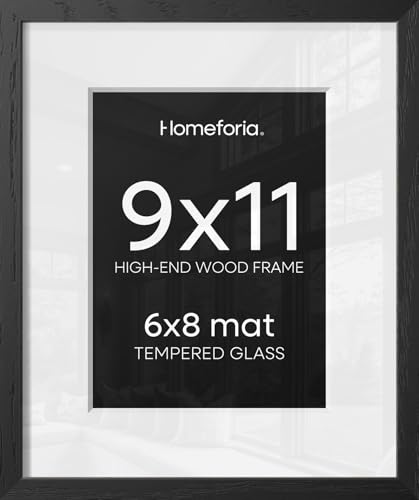 Image of Homeforia 9x11 Black Oak Picture Frame, High-End Wood, 6x8 Mat, Glass | High End Solid Oak Wood, Tempered Glass, Acid-Free 6x8 Removable Mat, 9x11 Edge-to-Edge Display 11x9, Wall Kit, Set Of 1