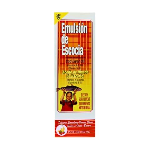 EMULSION DE ESCOCIA Cod Liver Oil, Dietary Supplement, Vitamins A, B1, D and E, Immune System Support, Strawberry/Banana Flavor (15.3 Fl Oz/Pack of 1) Cover