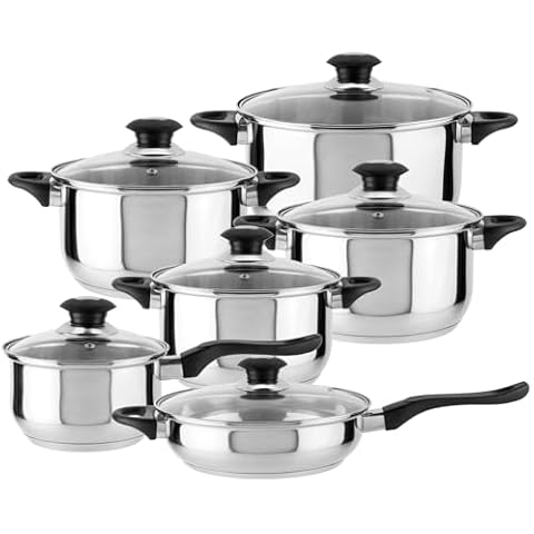 MAGEFESA Monterrey Cookware Set, 12 pieces, made of stainless steel with handles made of heat-resistant bakelite, 6 resistant glass lids with stainless steel rings and steam vents, easy cleaning Cover