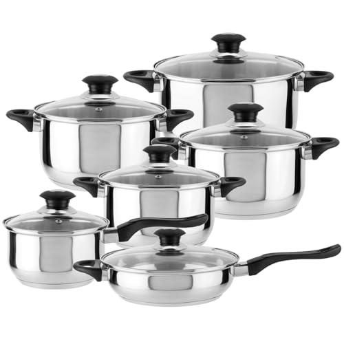 MAGEFESA Monterrey 12-Piece Cookware Set – Premium Stainless Steel Pots & Pans with Heat-Resistant Bakelite Handles, 6 Durable Glass Lids with Stainless Steel Rings & Steam Vents, Easy-Clean Design