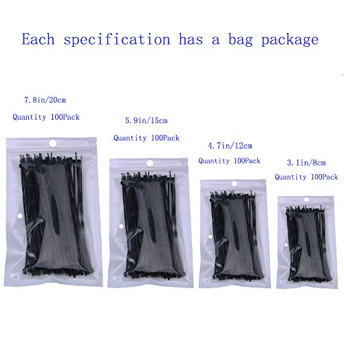 GTIWUNG 400 pièces Attaches de Câble, Autobloquant Liens, Nylon Zip Cable Ties, La Chaleur et Résistant Aaux UV Plastique Wire Ties, 4 spécifications-80/120/150 / 200mm, Noir