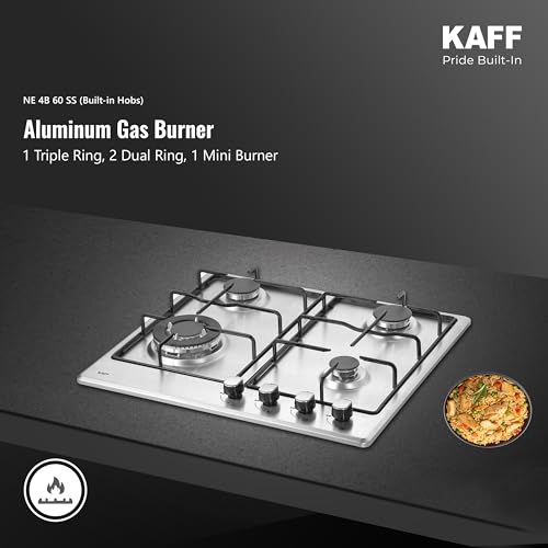 Image of KAFF 4 Burner Built-In Gas Hob 60 cm | Auto Electric Ignition | Italian Brass Burners | Stainless Steel Built-in Hob for Modular Kitchen | Heavy Pan Support | Easy Grip Metal Knobs (NE4B60SS)