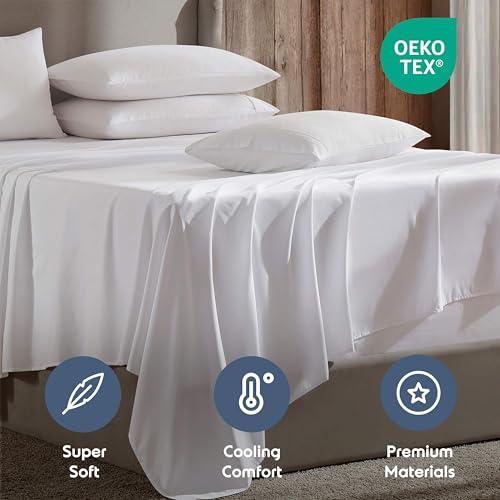 Image of Nestl Extra Deep Split King Sheet Set - 7 Piece Breathable & Cooling Sheets - Hotel Luxury Bedding Set w /18-24 Inch Deep Pockets - Easy & Secure Fit - Super Soft, Wrinkle Free & Comfy - White