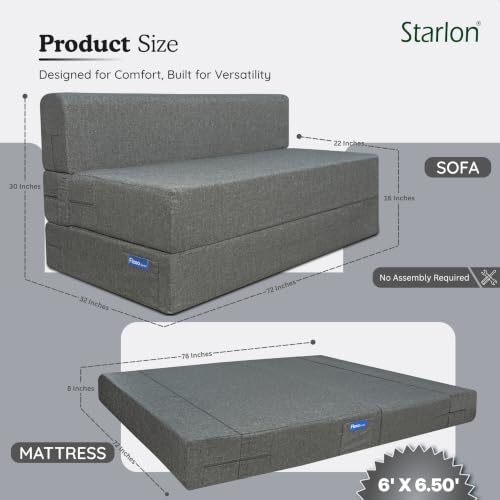Image of Starlon 3 Seater Foldable Sofa Cum Bed 3-in-1 with 2 Geometrical Pattern Pillows, Washable Jute Fabric Cover, Space Saving Guest Bed, Ash Gray 6x6.5 Ft