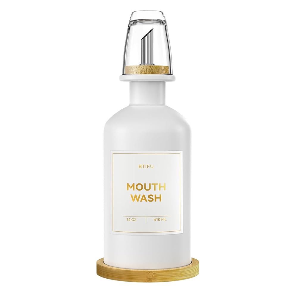 UDSKNV[KSL Reusable Bottle with Nozzle and Bamboo White- 11.8 Ounce Bathroom Countertop Glass Mouthwash Dispenser, 1 Pc