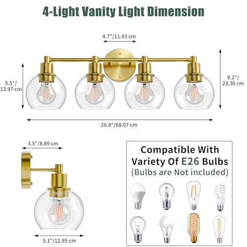 Image of 4 Light Bathroom Light Fixtures, Brushed Brass Bathroom Vanity Lights, Modern Vanity Lights 4-Light Globe Bathroom Vanity Lighting Fixture Over Mirror