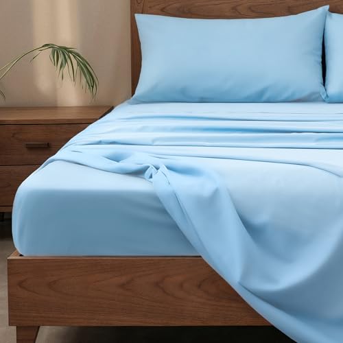 Image of Slumberfy 3-Piece 400 TC Viscose Derived from Bamboo Sheets, Twin Size - 1 Fitted, 1 Flat, 1 Pillow Case - Deep Pocket Cooling Viscose-Bamboo Bed Sheets in Magnetic Closure Gift Box, Light Blue