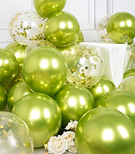 Image of SUWEN Metallic Lime Green and Confetti Balloons Set 47PCS Neon Green Latex | Helium Chrome Balloon for Birthday Anniversary Party Decorations