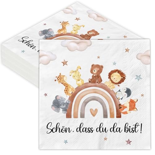Servietten Geburtstag Kinder, 40 Stück Servietten Schön Dass Du Da Bist, Geburtstagsservietten, Kinderparty-Servietten, Tiermotiv, Geburtsfeier Jungen und Mädchen