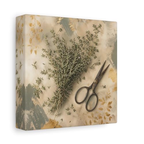 Tableau thym herbe vert et or cadre rustique cuisine 15x15 cm