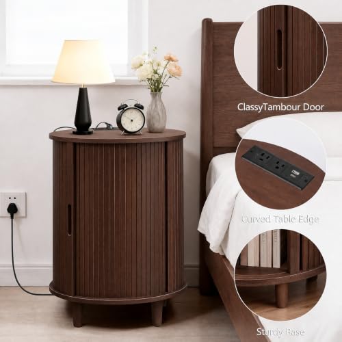Image of DHH Round End Table with Storage & Charging Station, Fluted Accent Side Table with Sliding Door & Adjustable Shelf, Mid-Century Nightstand for Small Spaces, Living Room, Bedroom (1, Walnut)