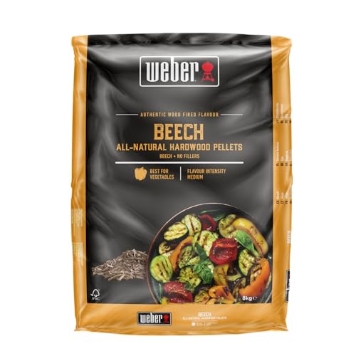 Weber Pellets de madera de haya/madera de haya natural para barbacoas de pellets con sabor terroso, a nuez, ligeramente dulce, sin rellenos, ideal para cocción baja y lenta, bolsa de 8 kg