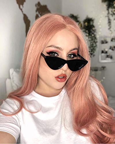 Skyvan Peach Pink Silky Lace Front Wig Mixed Color Middle Part Natural Wavy Heat Resistant Synthetic Lace Front Wigs for Women 24 Inches with Wig Cap