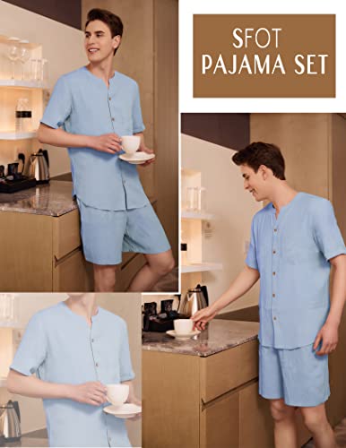 image for Ekouaer Men's Pjs Set Button Loungewear Shorts Sleeve Sleepwear V Neck