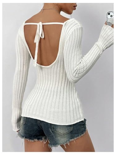 SweatyRocks Women's Tie Backless Cut Out Fitted Sweater Long Sleeve Ribbed Knit Pullover Top3