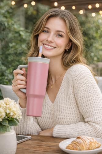 Image of Zephorus Stainless Steel Triple Layer Insulated Travel Tumbler with Spill Resistant Lid, Straw, and Carry Handle, BPA Free, 40 oz, Dusty Pink (Yoga Rose)