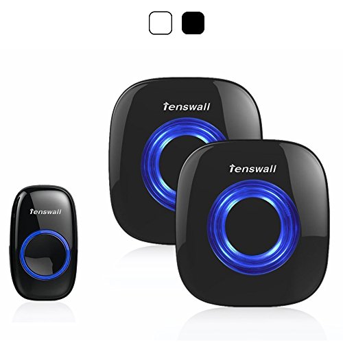 Wireless Doorbell, [Improved Version] Tenswall Premium Portable Waterproof Wireless Door bell Kit, 52 Chime Tones, Operating at 1000ft/ 300m Range/ 1 Push Button (Transmitter) with 1 Plug-In Door Chime (AC Receiver) & 1 Door Chime Battery-Powered (DC Receiver) - BLACK