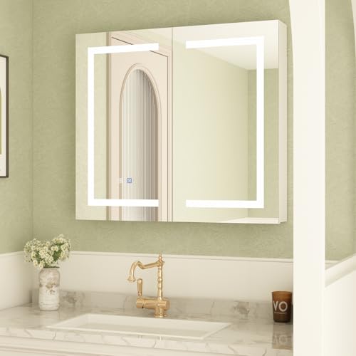 Botiquín para Medicinas con Espejo LED Iluminado y Función Anti-Vaho, Armario de Baño Empotrado en Pared con Estantes de Almacenamiento, Luces Ajustables, 2 Puertas, Blanco, 5,1" de Profundidad x 35,4" de Ancho x 31,5" de Alto miniatura 1