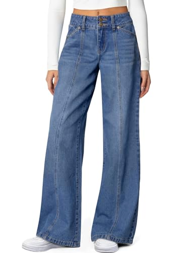 Sidefeel Jeans for Women Trendy High Waisted Stretchy Wide Leg Jeans Seamed Front Straight Leg Trendy Loose Denim Pants Light Blue Size 10