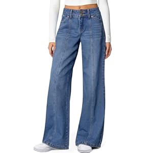 Sidefeel Women’s Wide Leg Jeans High Waisted Stretchy Straight Leg Jeans Trendy Seamed Front Loose Denim Pants