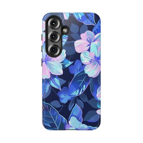Coque rigide Samsung Galaxy S25 ornée de fleurs bleues finition brillante luxe