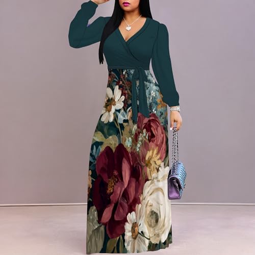 Image of Women's Plus Size Maxi Dresses Long Sleeves V Neck Floral Print Bohemian Swing Long Dress with Belt