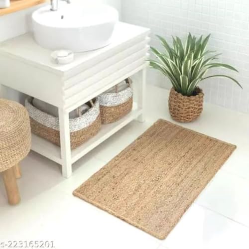 Image of Handmade Natural Jute Cotton Natural Fibers Floor /Door Mat Rugs Furnish Decor Striped Rectangular Design Carpet for Bedroom Living Room (JUTE003, 2x3-Runner)