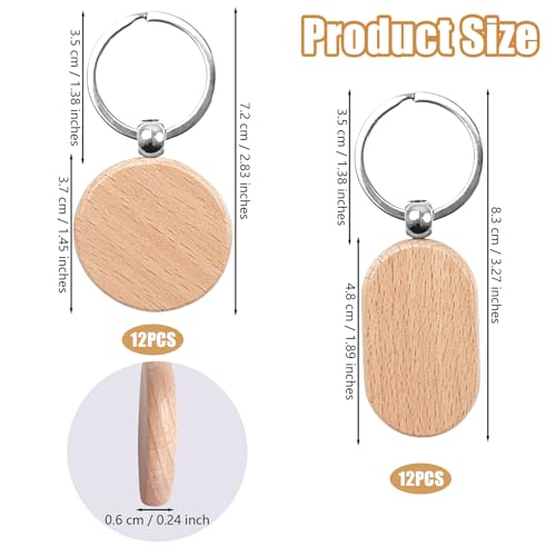 24 Schlüsselanhänger Rohlinge Holz, Wooden Schlüsselanhänger Blanko, Runder Holz-Schlüsselanhänger+Rechteckiger Schlüsselanhänger, DIY Blank Holz Schlüsselanhänger für Malerei Dekoration Geschenke