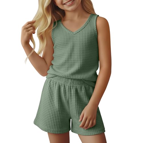 Mumucove Girls 2 Piece Summer Outfits Waffle Knit Sets V Neck Sleeveless Tank Tops Casual Shorts Teen Kids Clothing(7-8 Years Green)