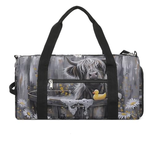 Highland Cow in Bathtub Rubber Duck Funny Gym Bag Travel Tote Bag Duffel Bag with Shoe Compartment for Weekender Sports Vacation