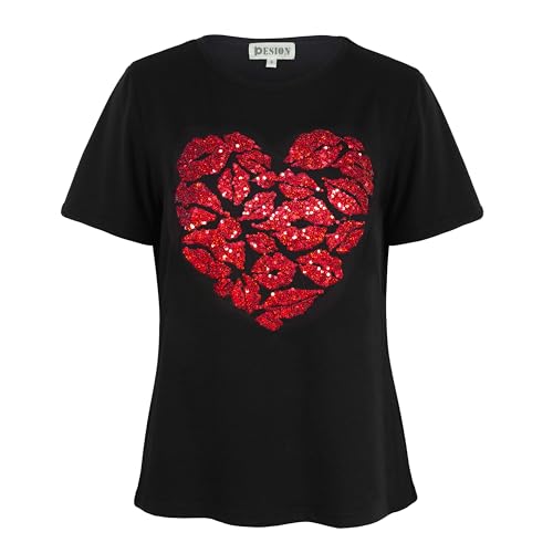 Image of PESION Womens Short Sleeve T-Shirt Sequined Tops O-Neck Funny Graphic Tees Blouse
